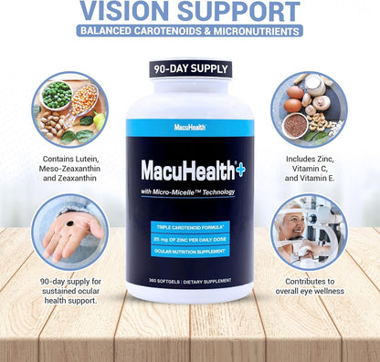 Macuhealth Plus+ Eye Vitamins Supplement for Adults - 90 Day Supply with Lutein, Zeaxanthin, and Meso-Zeaxanthin - Unflavored, Vitamin for Eyes