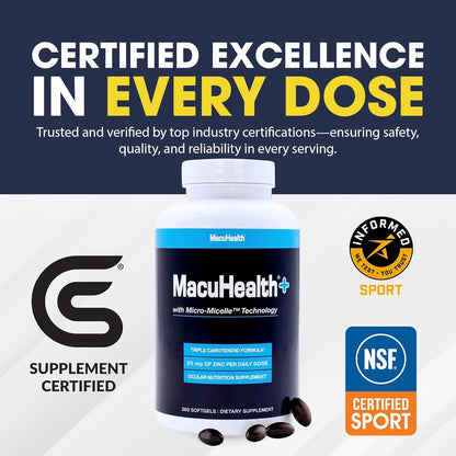 Macuhealth Plus+ Eye Vitamins Supplement for Adults - 90 Day Supply with Lutein, Zeaxanthin, and Meso-Zeaxanthin - Unflavored, Vitamin for Eyes